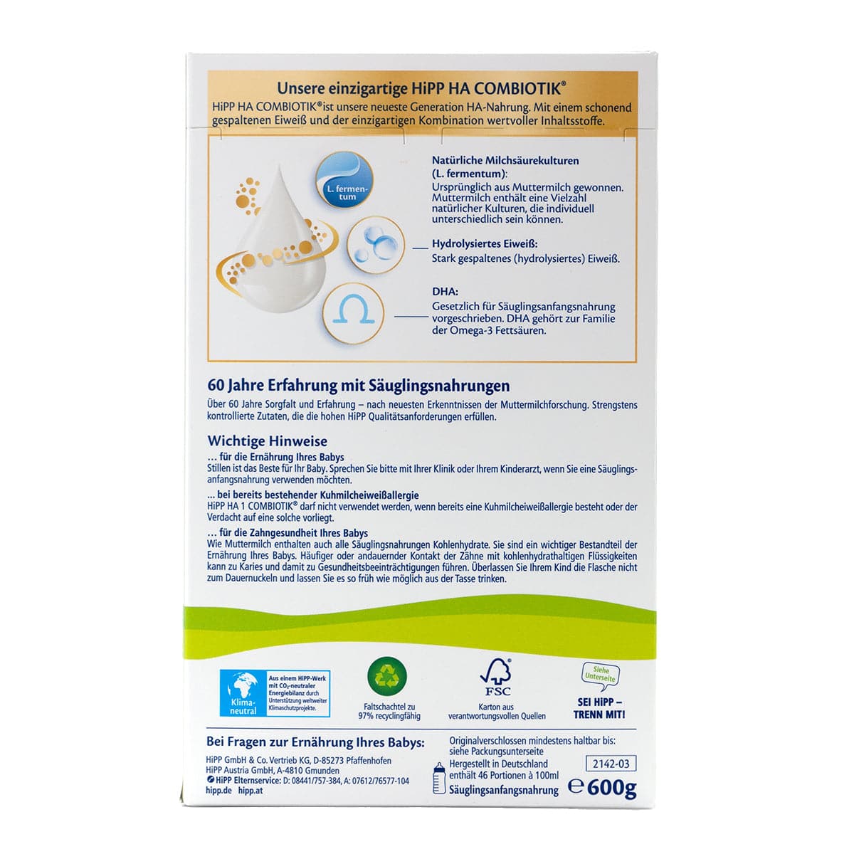HiPP Hypoallergenic (HA) Stage 1 Combiotic Formula (600g) - German
